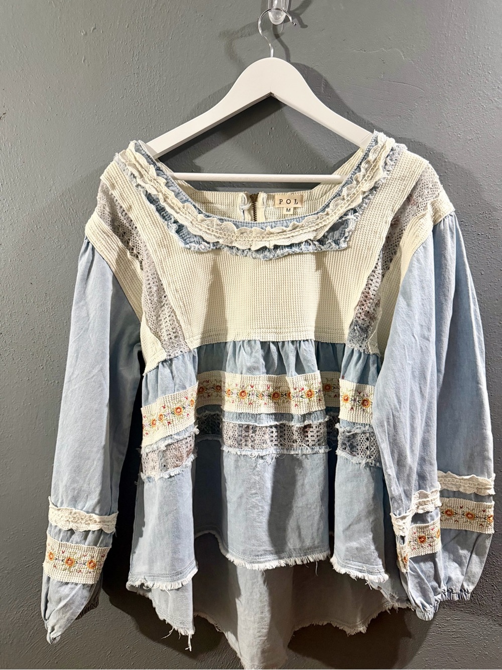 NWOT. POL Blue and Cream Embroidered Peasant Tunic